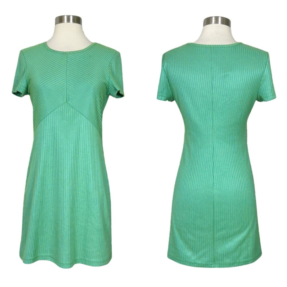 Vintage | 90s Possessed Blue Green Ribbed Striped Short Sleeve Mini Baby Dress S